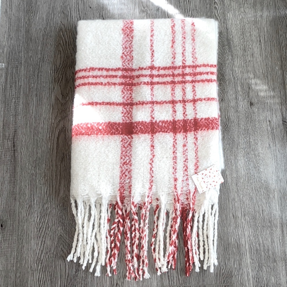 NWT Free People Red & Ivory Brushed Plaid Fringe Blanket Scarf